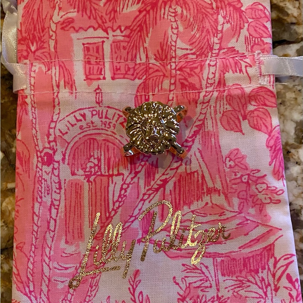 Lilly Pulitzer Pink & White Drawstring Pouch with Gold Lion Charm Scarf Ring GWP